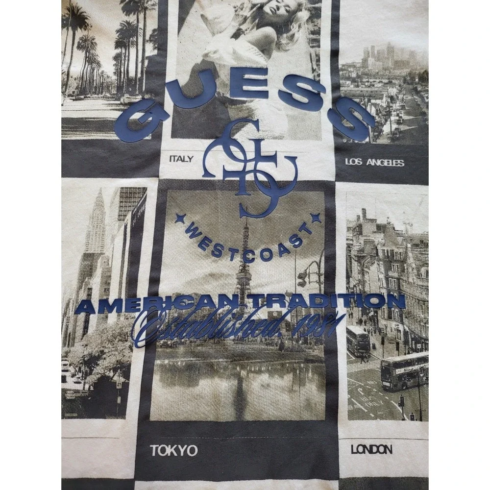 Guess Los Angeles Mens XL T-Shirt All Over Photo Print Blue Puff Logo Tee - Picture 3 of 6